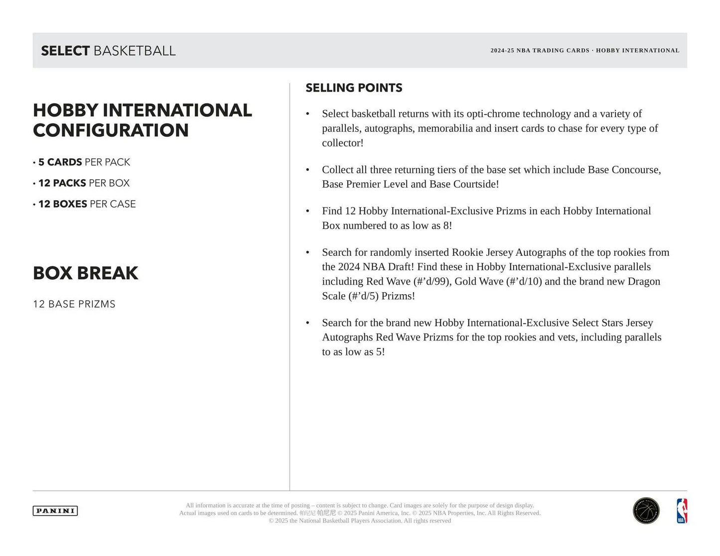 Sales sheet for Panini Select Basketball International Hobby Box by Columbia Sports Cards