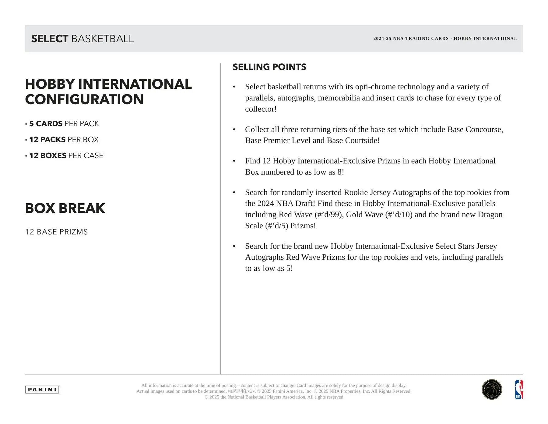 Sales sheet for Panini Select Basketball International Hobby Box by Columbia Sports Cards