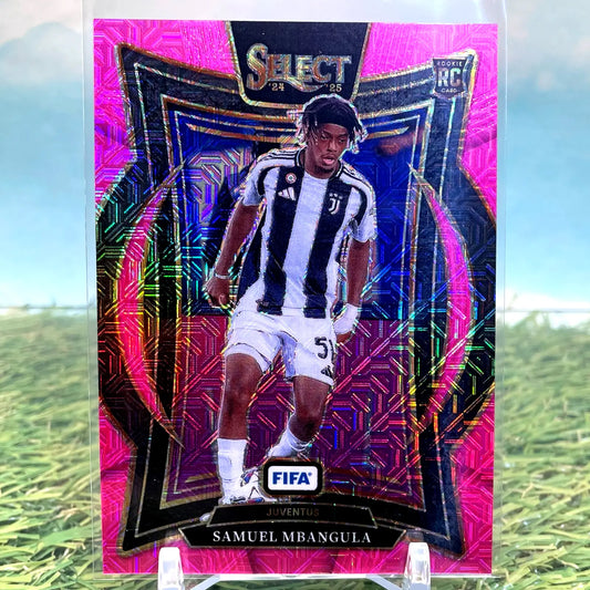 Pink Mojo Prizm soccer trading card of Samuel Mbangula from Panini Select FIFA 2024-25