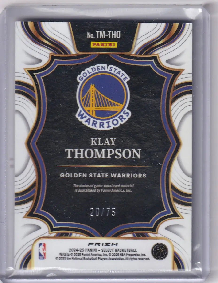 Klay Thompson basketball card from 2024-25 Panini Select Patch set featuring Golden State Warriors