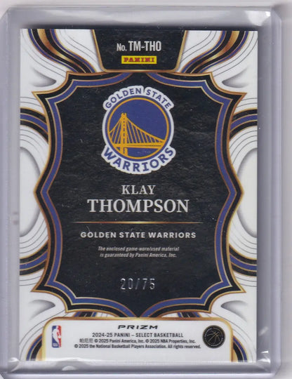 Klay Thompson basketball card from 2024-25 Panini Select Patch set featuring Golden State Warriors