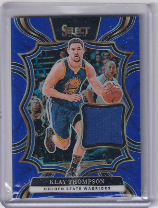 Klay Thompson basketball card from 2024-25 Panini Select Patch series featuring Golden State Warriors