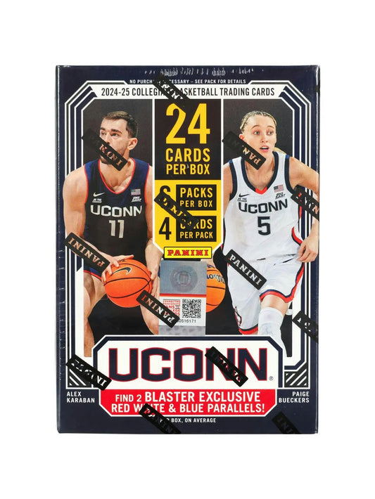 Box of 2024 25 Panini UConn Collegiate Basketball trading cards for collectors