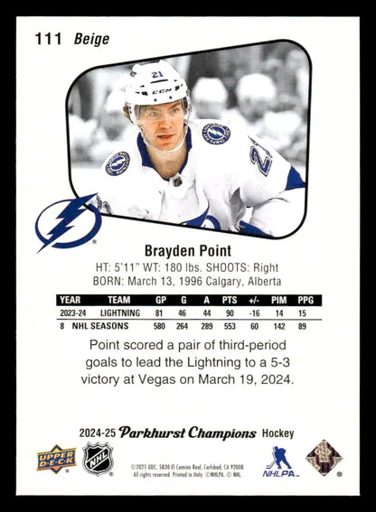 2024-25 Parkhurst Champions Brayden Point hockey card featuring Tampa Bay Lightning player