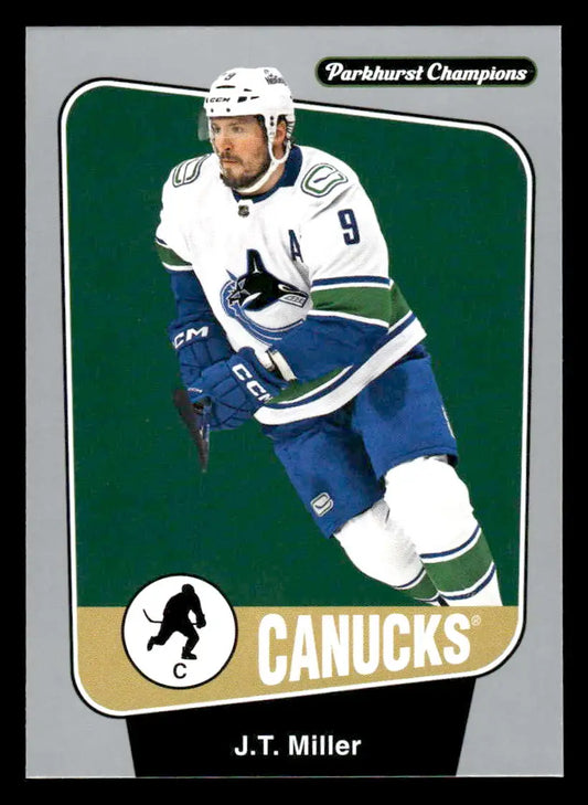 J T Miller hockey card from 2024-25 Parkhurst Champions series by Upper Deck featuring Vancouver Canucks