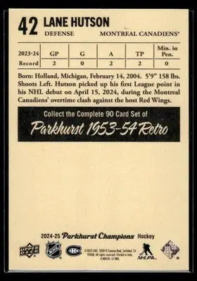 Lane Hutson hockey card from 2024-25 Parkhurst Champions series by Upper Deck
