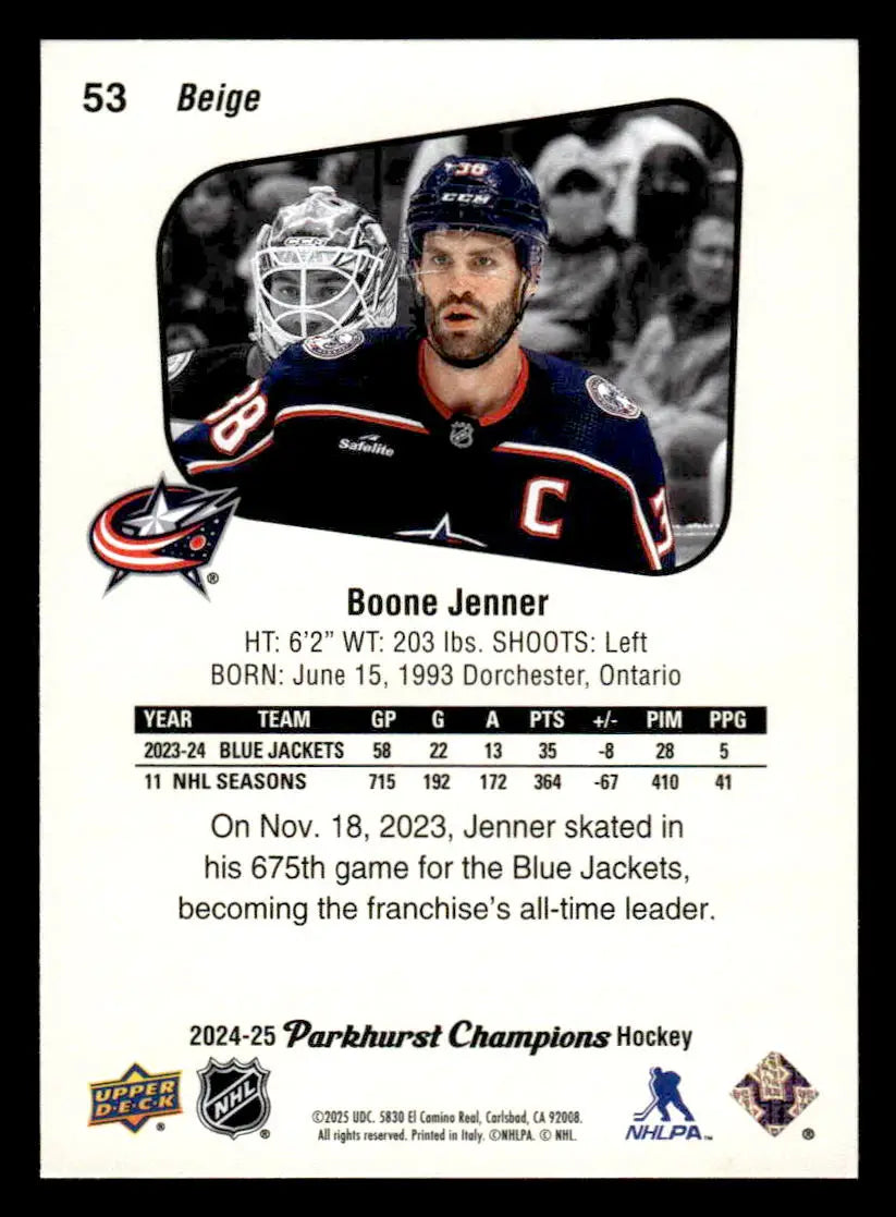 2024-25 Parkhurst Champions Boone Jenner hockey card featuring Columbus Blue Jackets star