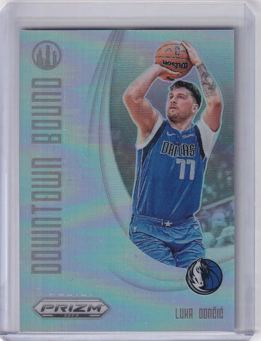 Holographic Luka Dončić trading card from 2024-25 Prizm Deca Downtown Bound Silver series