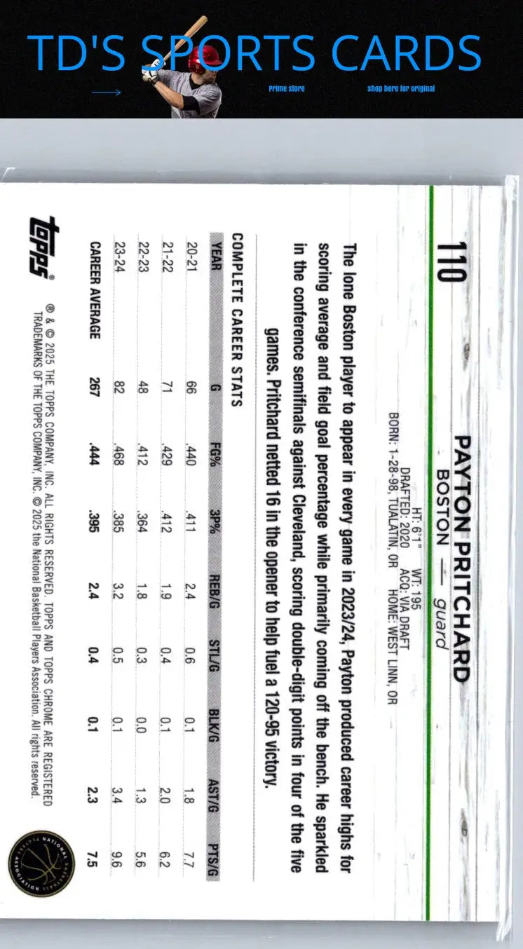 Payton Pritchard basketball card 2024-25 Topps Chrome Purple Refractor Pritchard Purple