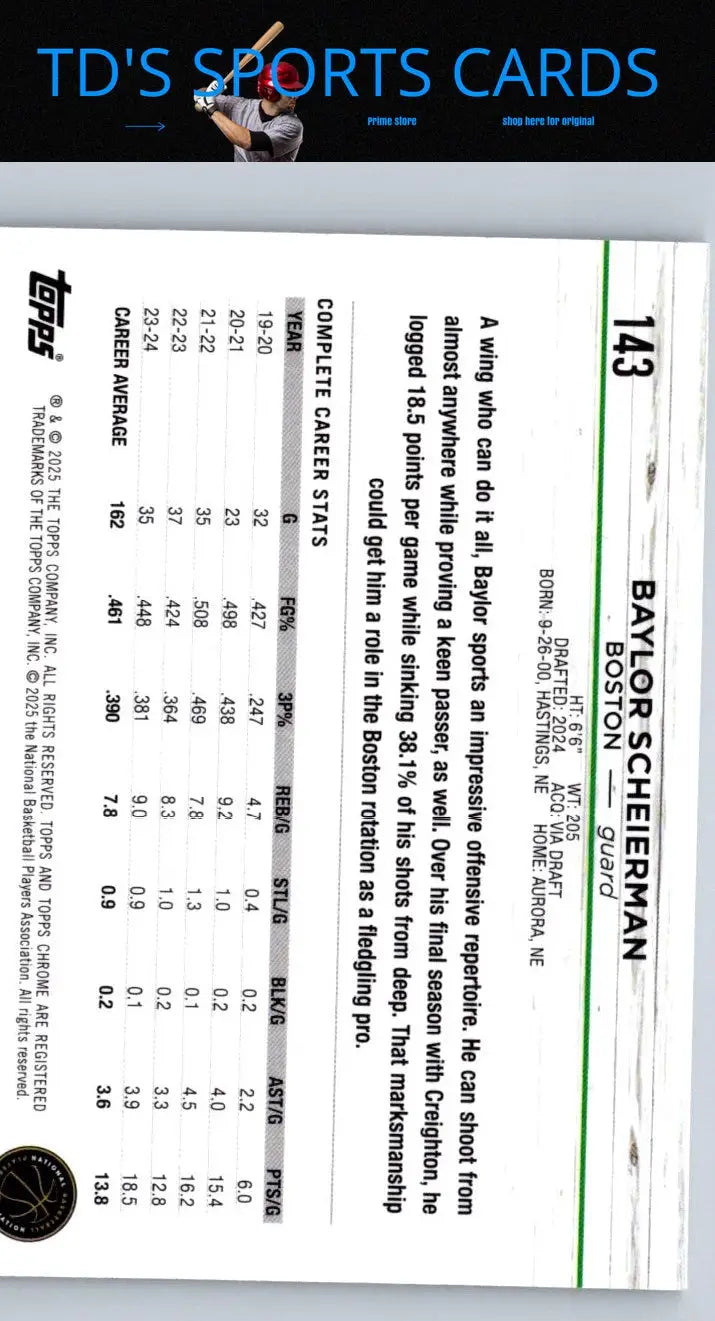 Basketball player card featuring Baylor Scheierman from 2024-25 Topps Chrome collection