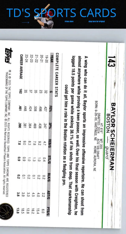 Basketball player card featuring Baylor Scheierman from 2024-25 Topps Chrome collection