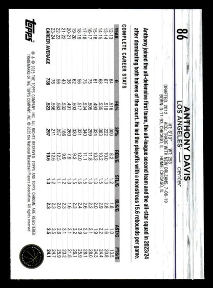 Anthony Davis basketball card from 2024-25 Topps Chrome featuring Los Angeles Lakers