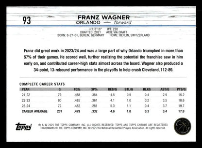 2024-25 Topps Chrome Franz Wagner basketball card featuring Orlando Magic star player