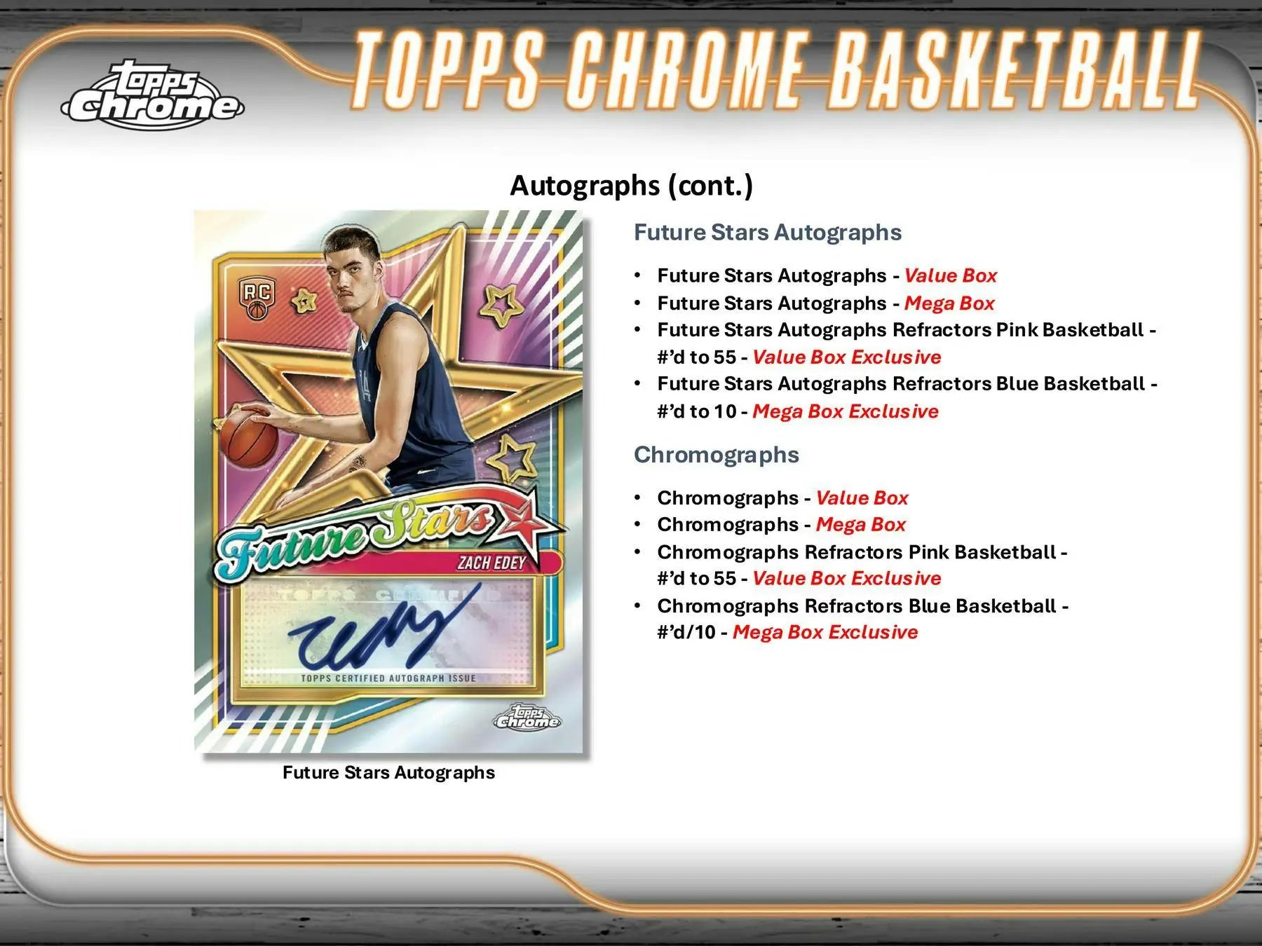 Trading card with athlete’s autograph from 2024-25 Topps Chrome Basketball box exclusive refractors pink