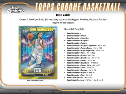 2024-25 Topps Chrome Basketball Gold Refractor trading card featuring Stephen Curry in a base refractors set