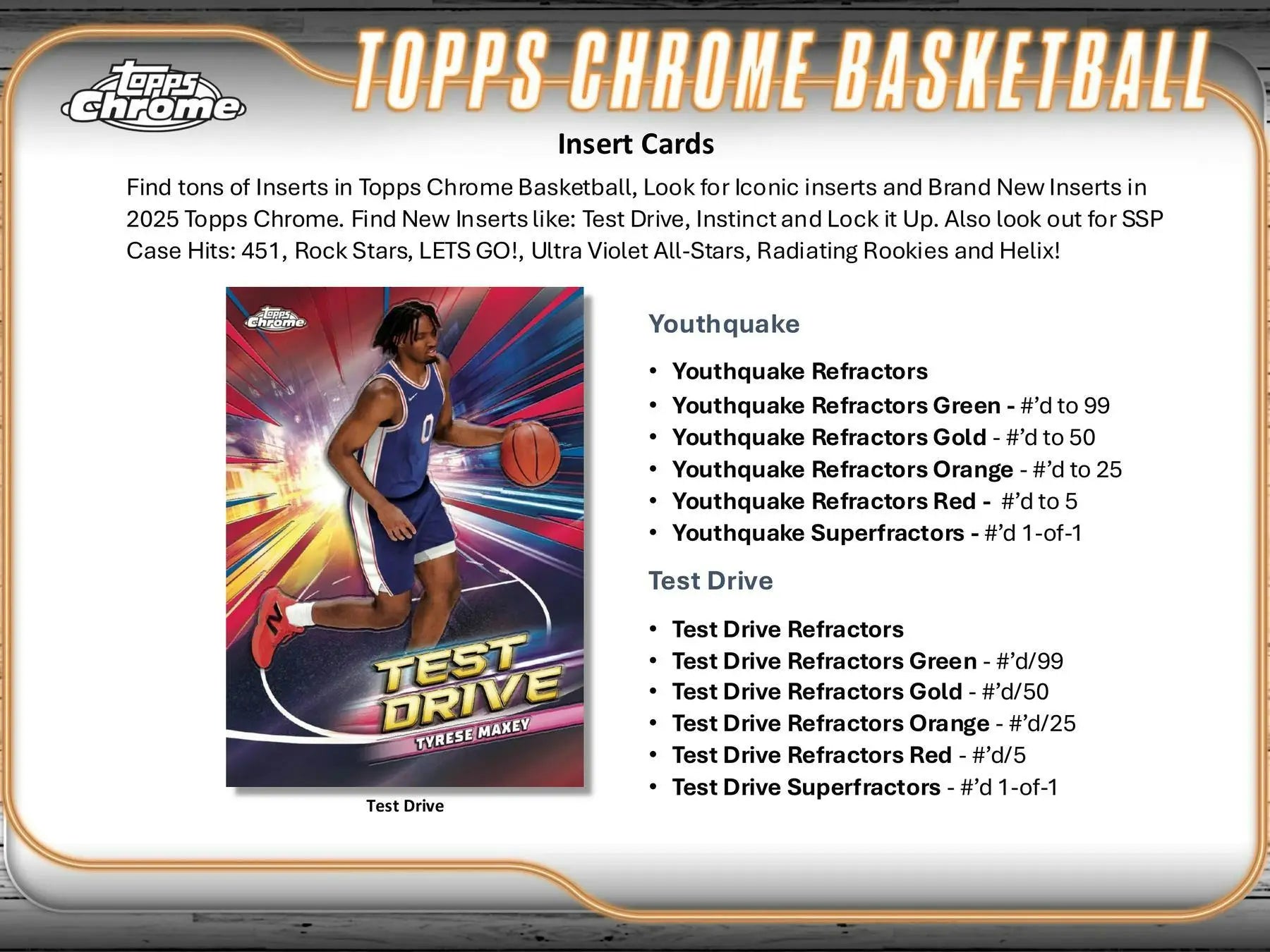 Product sheet for Topps Chrome Basketball insert cards featuring base refractors and refractors gold