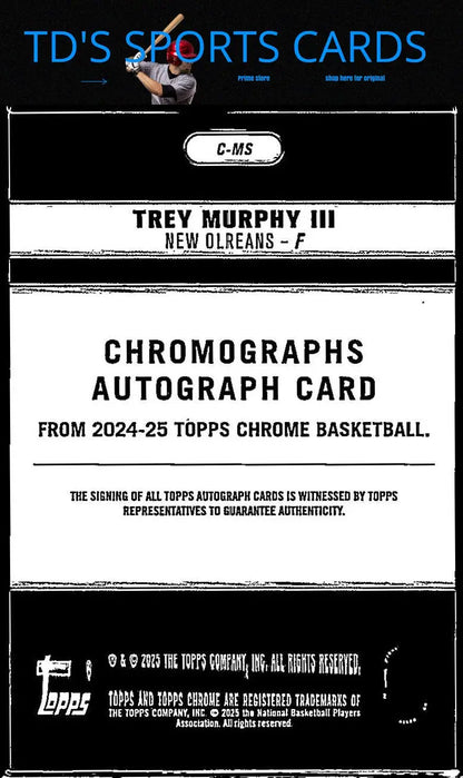 Trey Murphy III autograph card from 2024-25 Topps Chrome Chromographs Pink Basketball #/55