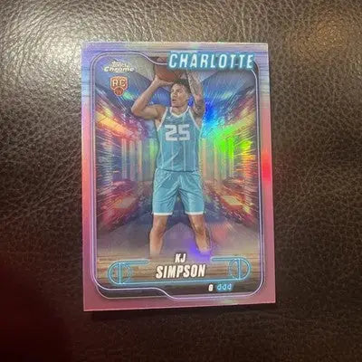 Basketball trading card of KJ Simpson from Topps Chrome with purple refractor and RC logo