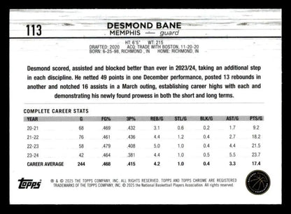Desmond Bane basketball card from 2024-25 Topps Chrome Sapphire series