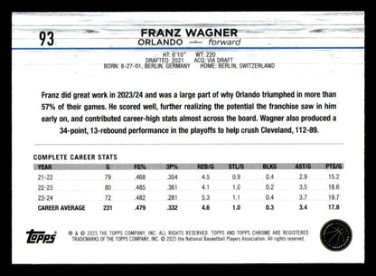 Franz Wagner basketball card back from 2024-25 Topps Chrome Sapphire series