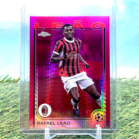 2024-25 Topps Chrome UEFA Rafael Leao Neon Pink Prism soccer card showcasing AC Milan player