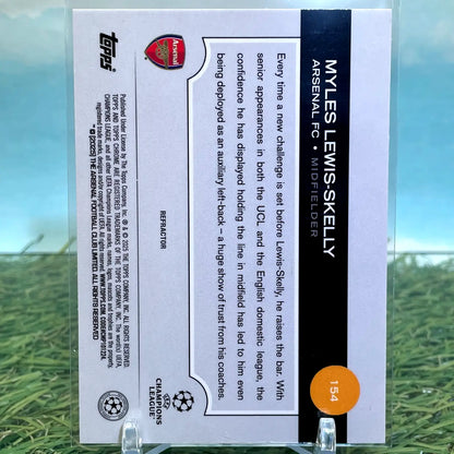 Trading card of Myles Lewis-Skelly from Topps Chrome UEFA featuring refractor finish