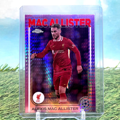 Alexis Mac Allister soccer card from 2024-25 Topps Chrome UEFA Pink Lava Refractor