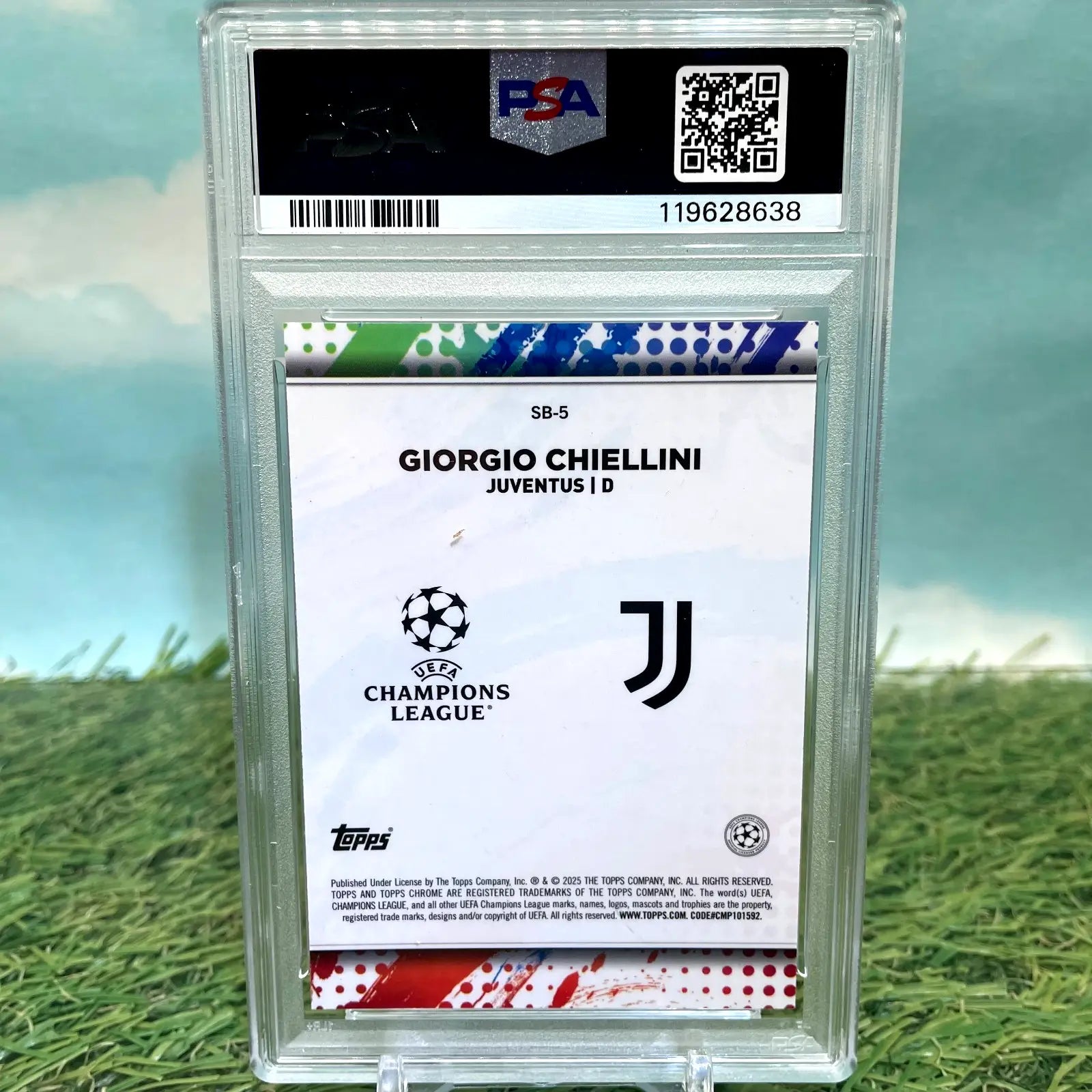 A graded Giorgio Chiellini Juventus soccer card from 2024-25 Topps Chrome UEFA UCC Soccer Brush series in PSA 9 condition
