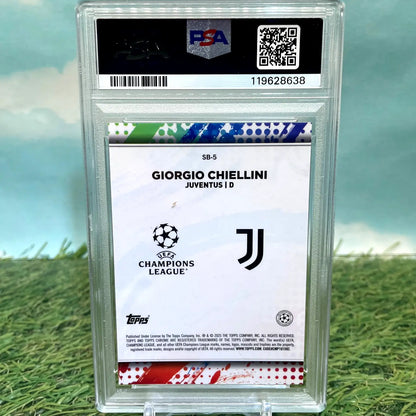 A graded Giorgio Chiellini Juventus soccer card from 2024-25 Topps Chrome UEFA UCC Soccer Brush series in PSA 9 condition