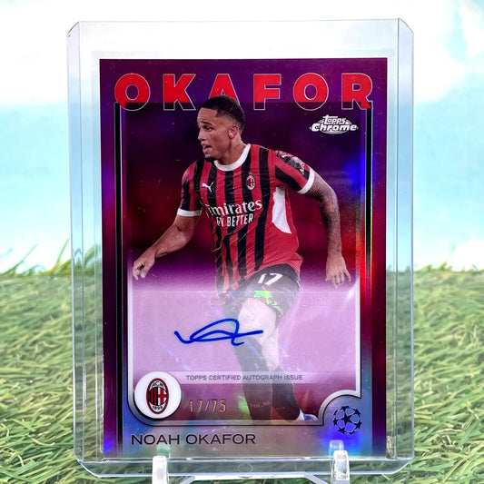 Noah Okafor autographed trading card from 2024-25 Topps Chrome UEFA UCL Noah Okafor Purple Refractor Auto