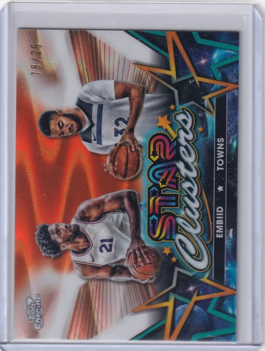 2024-25 Topps Cosmic Clusters basketball card featuring Joel Embiid and Karl-Anthony Towns