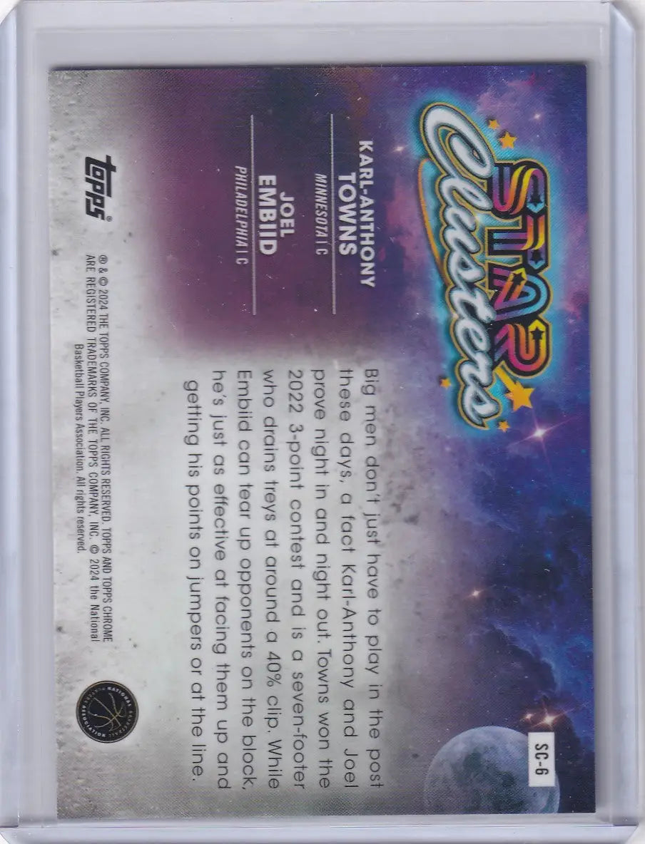 Collectible basketball card featuring Karl-Anthony Towns and Joel Embiid from Topps Cosmic Clusters