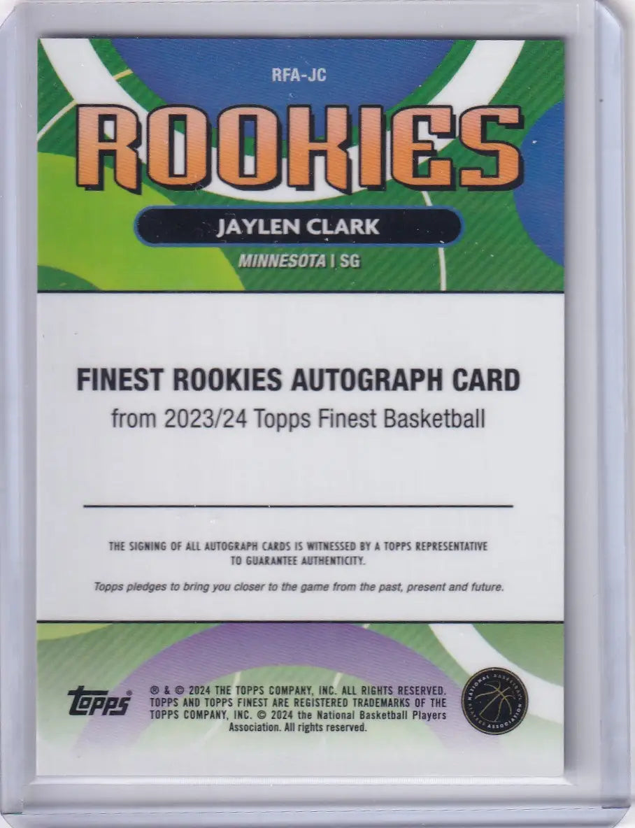 Collectible basketball trading card featuring Jaylen Clark from 2024-25 Topps Finest Auto series