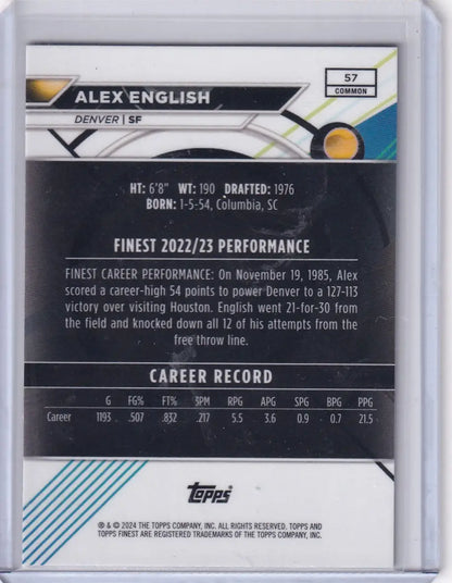 Back of 2024-25 Topps Finest Purple basketball trading card featuring Alex English Denver Nuggets