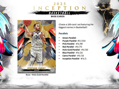 2025 Inception NBA Basketball base cards featuring Stephen Curry Holo Gold parallel in hobby box