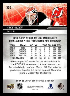 Back of Hockey Card Showing Jake Allen Upper Deck Jersey Devils 2024-25