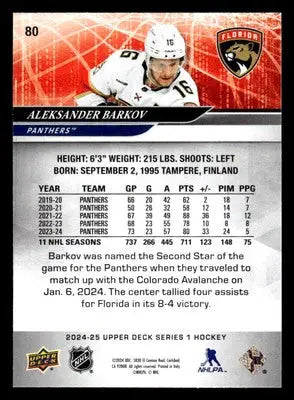2024-25 Upper Deck Aleksander Barkov hockey trading card with stats and game achievement