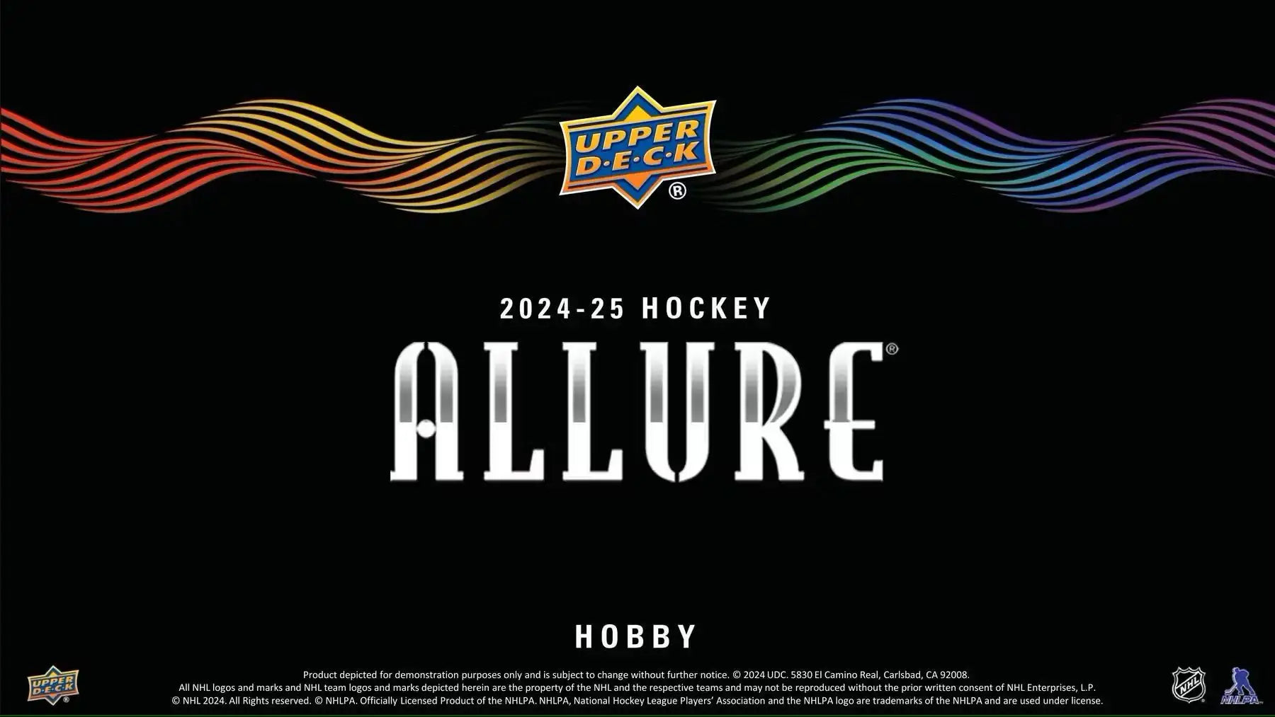 Promotional graphic for 2024-25 Upper Deck Allure Hockey Hobby Cards with vibrant color flow