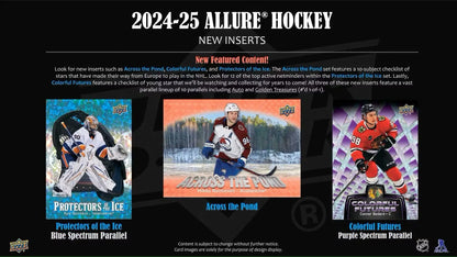 Promotional display for 2024-25 Upper Deck Allure Hockey trading card inserts with vibrant color flow