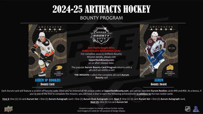 Promo poster for 2024-25 Upper Deck Artifacts Hockey Bounty Program with base set and auto parallel highlights