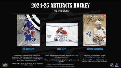 Promotional display of 2024-25 Upper Deck Artifacts Hockey base set and auto parallel inserts