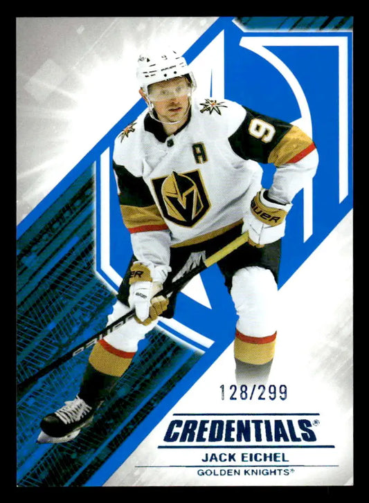 Jack Eichel hockey card from 2024-25 Upper Deck Credentials series featuring blue parallel