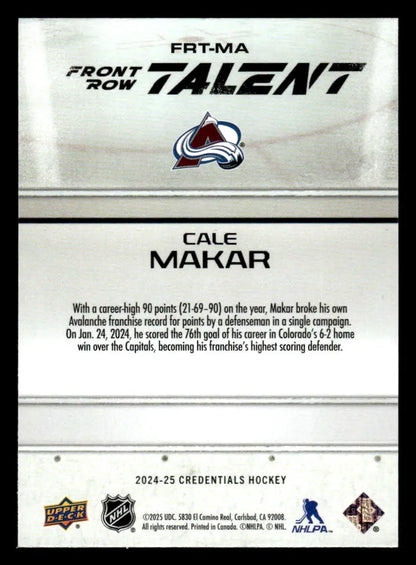Cale Makar hockey card from 2024 25 Upper Deck Credentials Front Row Talent series