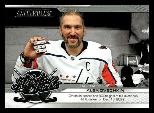 Alex Ovechkin hockey card from 2024-25 Upper Deck Credentials Milestone Pucks