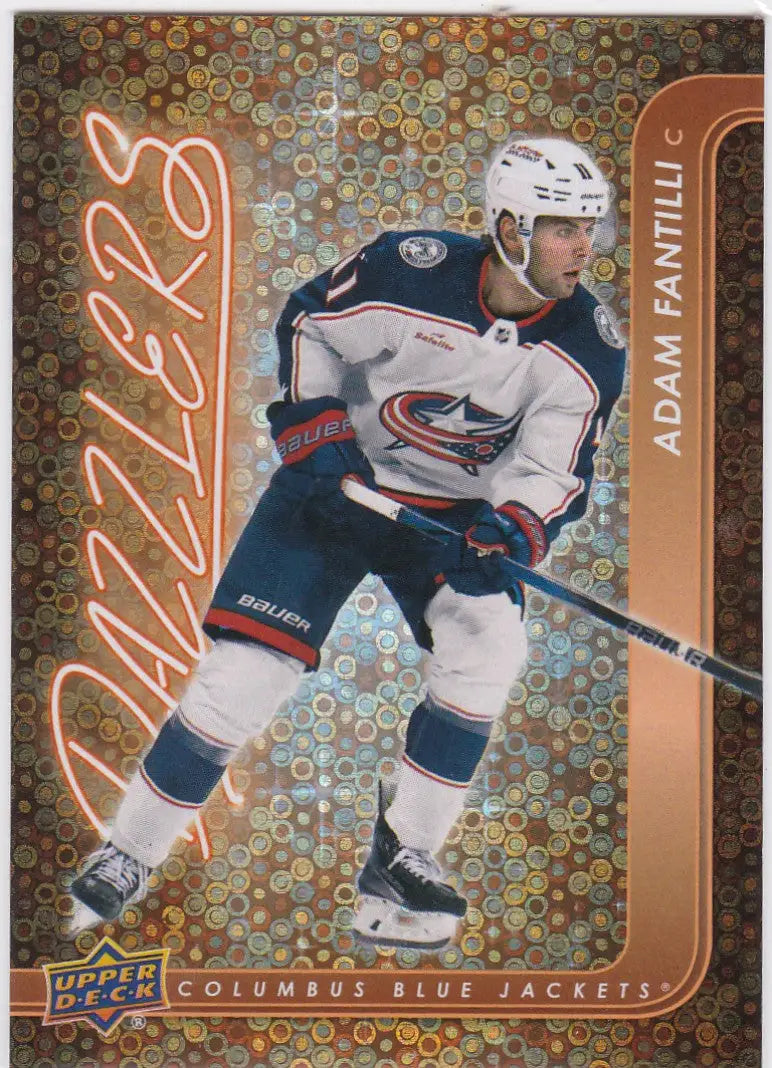 Orange Dazzler Adam Fantilli hockey card from 2024-25 Upper Deck Columbus Blue Jackets