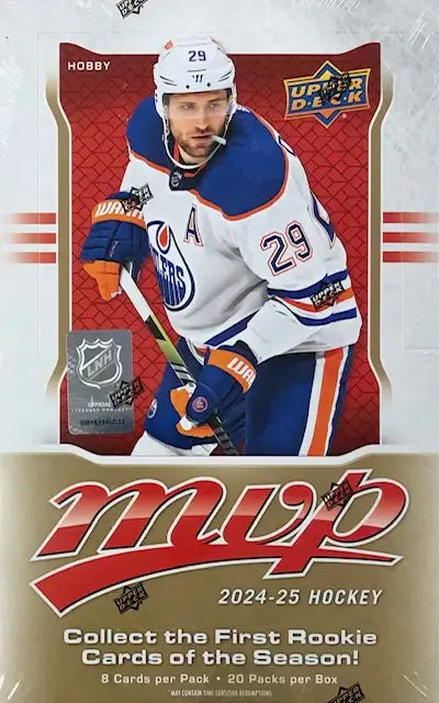 MVP 2024-25 NHL trading card box with Edmonton Oilers player and redemption cards