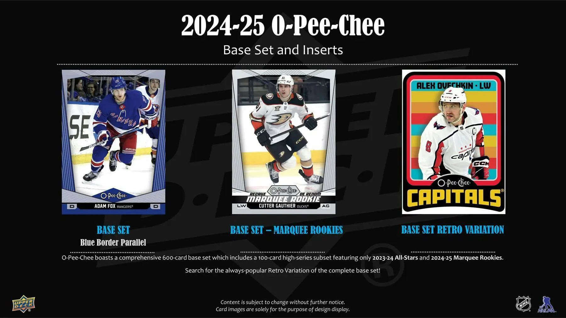 Advertisement for 2024-25 Upper Deck O-Pee-Chee hockey cards with base set, Marquee Rookies, Retro Variation
