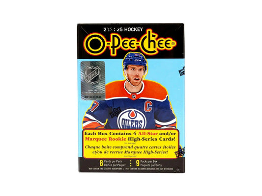 Sealed 2024-25 Upper Deck O-Pee-Chee hockey blaster with 600-card base set