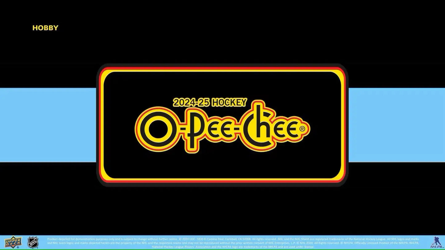 Black rectangular sign with orange border displaying O-Pee-Chee 2024/25 Hockey logo