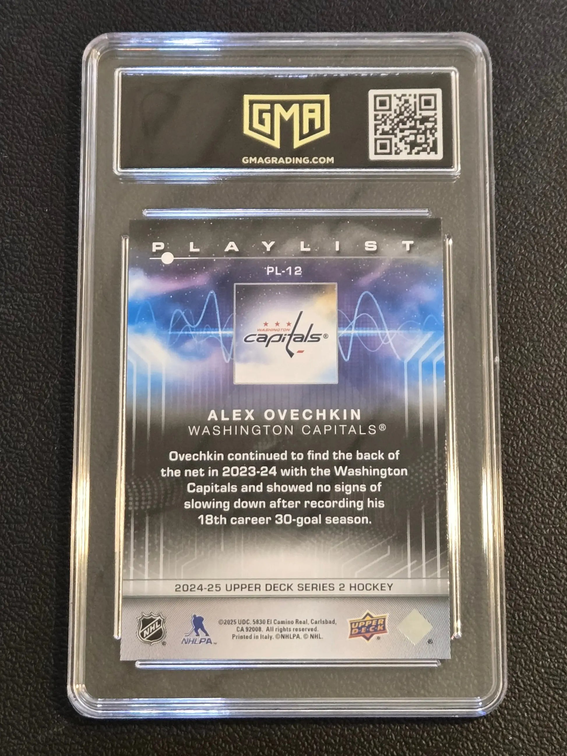 Graded hockey trading card of Alex Ovechkin from 2024-25 Upper Deck Ovechkin playlist GMA 9
